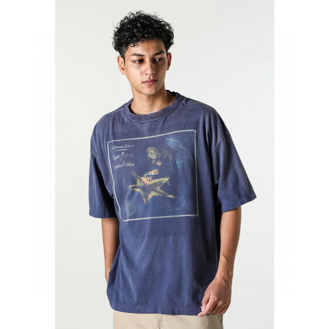 CACTUS PLANT FLEA MARKET x SAINT Mxxxxxx STAR SS TEE/NAVY New CPFM star smiley holed distressed short sleeves Washed blue S-XL Genuine consistent tube weaving without side seams High weight OE yarn fabric Assute dyeing Multiple horse fades Heavy wash water Worn holes Customized joint main mark/wash mark/little angel anti-counterfeiting label